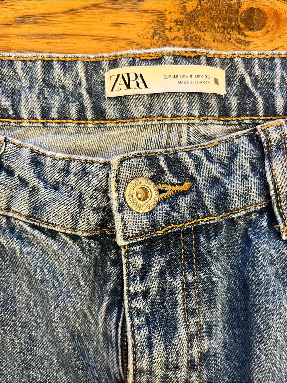 ZARA Medium Blue Washed Denim Jeans with Yellow Stitching